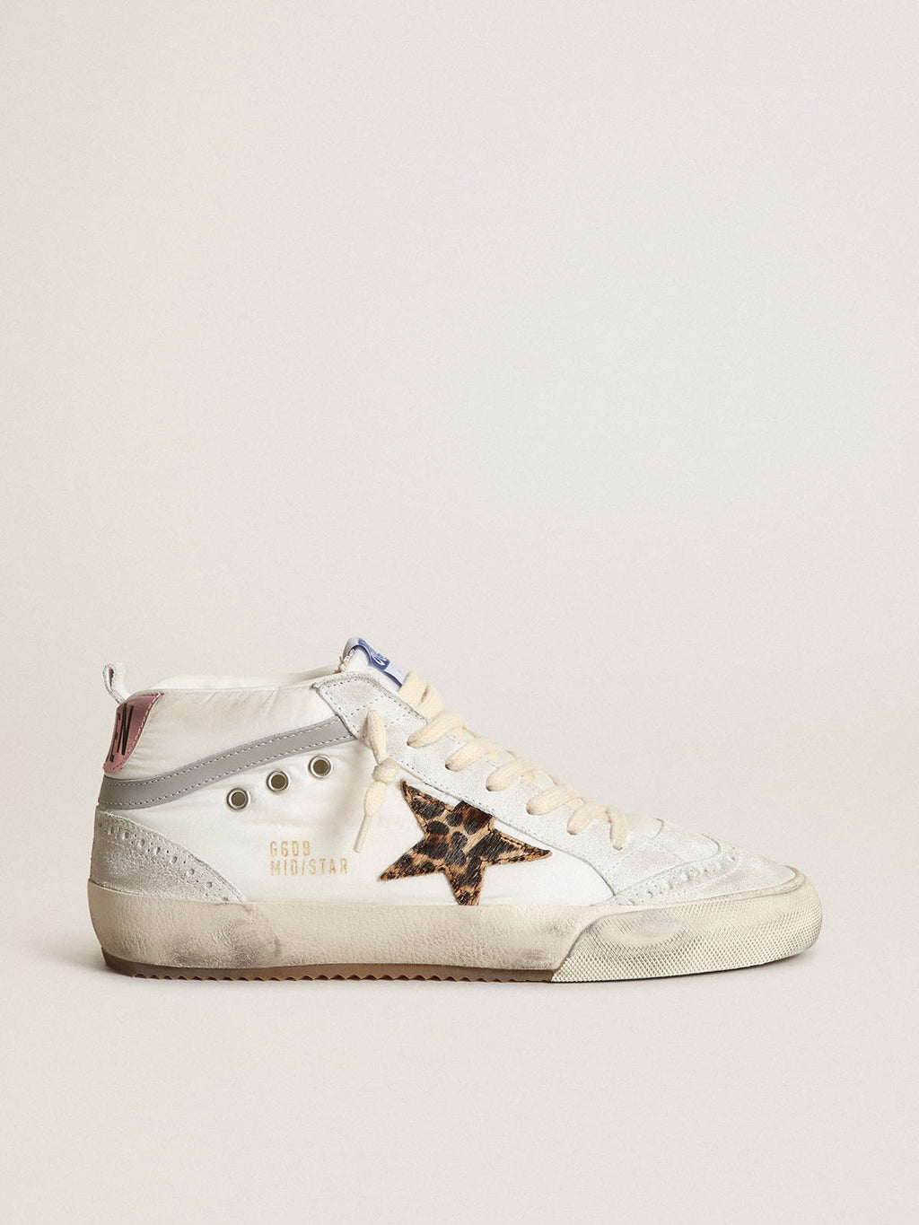 Sneaker Mid Star LTD in nylon bianco con stella in cavallino leopardato e talloncino in pelle laminata rosa