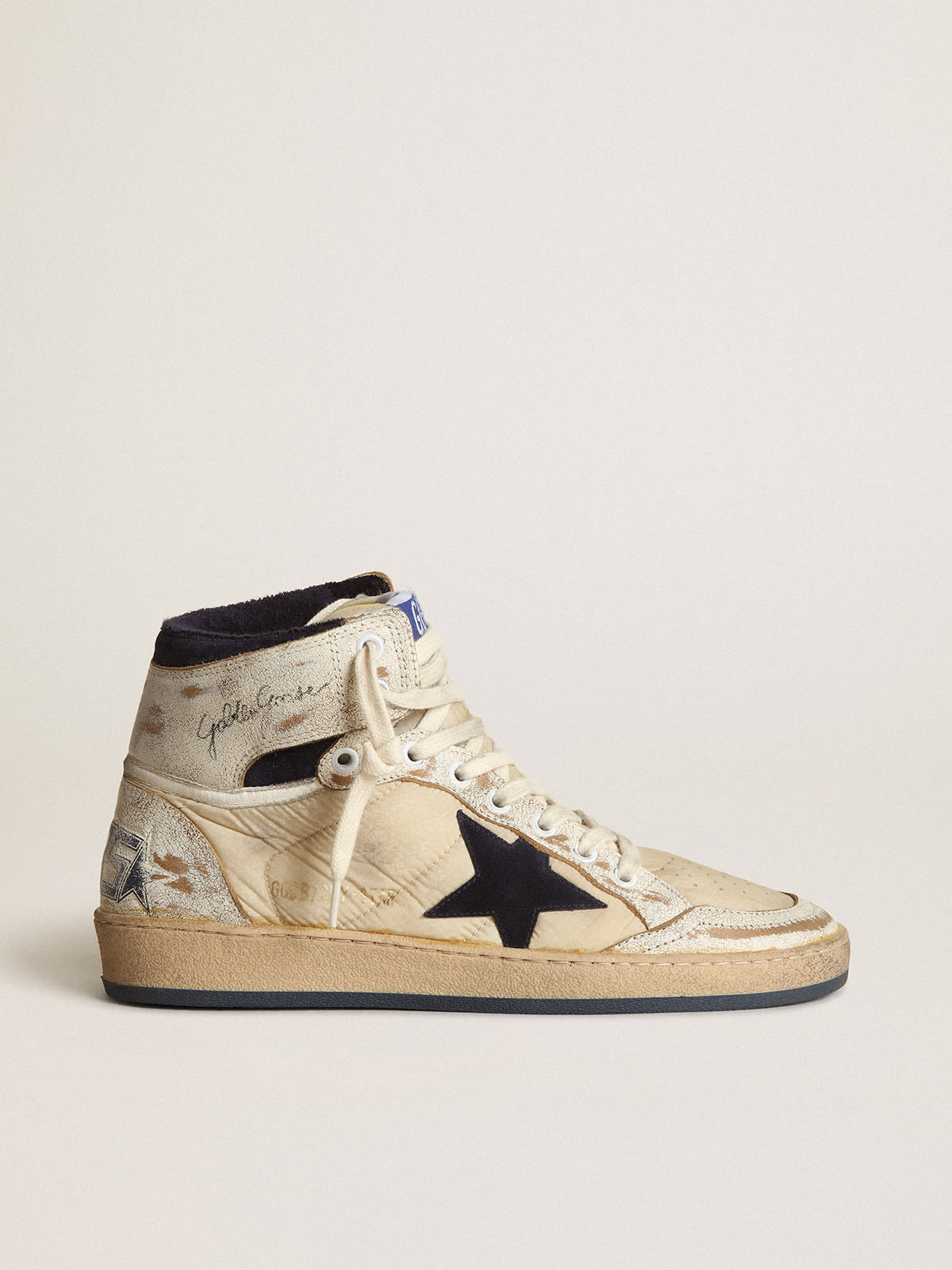 Sneaker Sky-Star donna in nylon color panna e pelle bianca con stella in suede blu scuro
