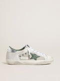 Women’s Super-Star LTD in white suede and mesh with green leather star and silver foiled leather heel tab