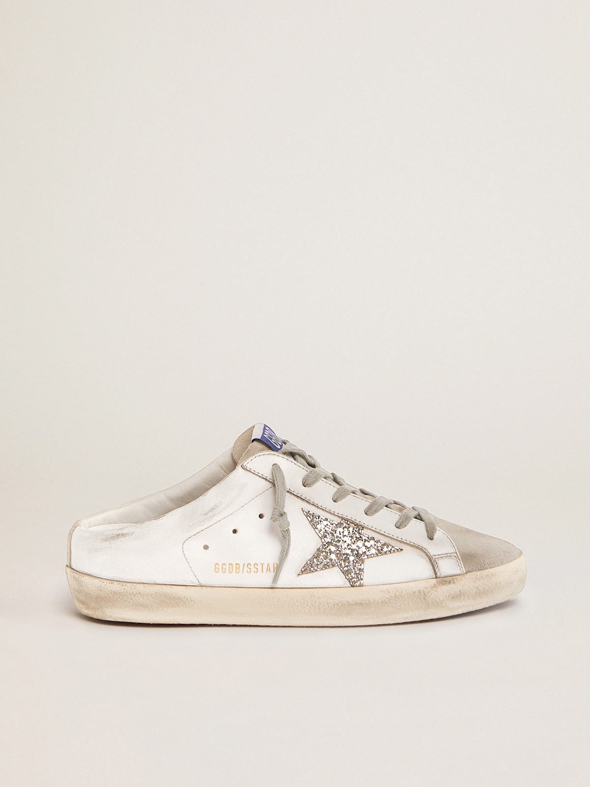 Super-Star Sabot in pelle bianca e suede grigio con stella in glitter argento
