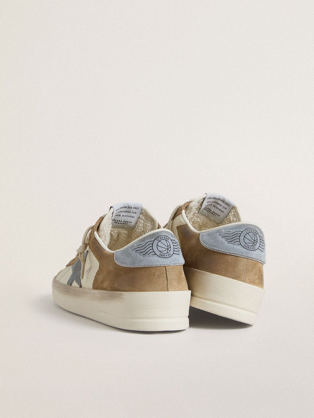 Stardan LTD in white leather and tobacco suede with light blue suede star and heel tab