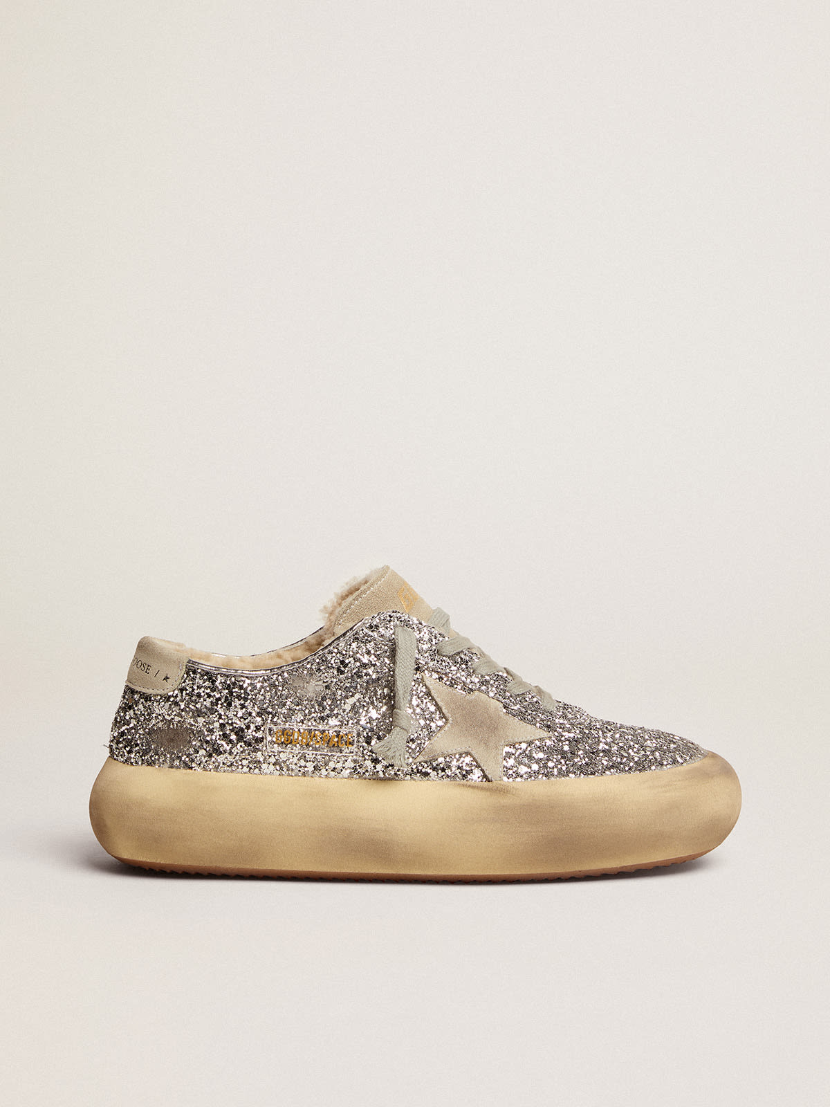 Scarpe Space-Star Donna in glitter argento e fodera in shearling