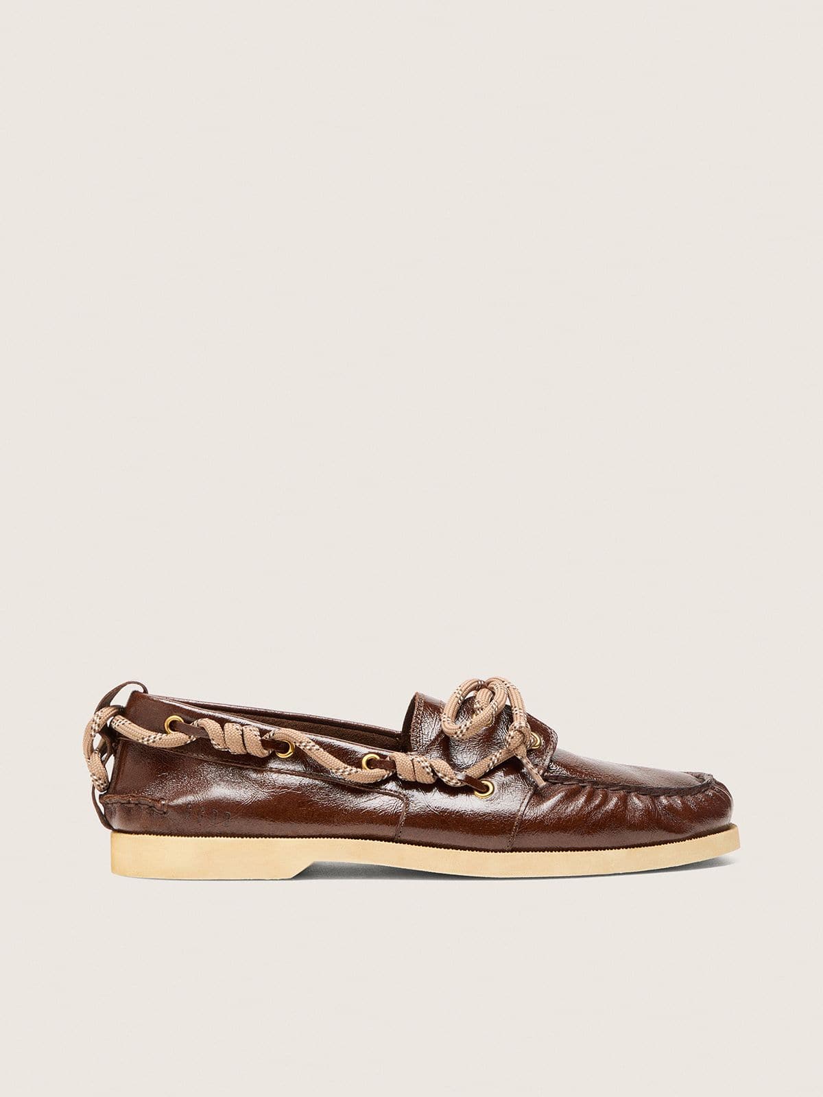 Men's Cruise loafers in glossy dark brown leather with dove gray hiking laces