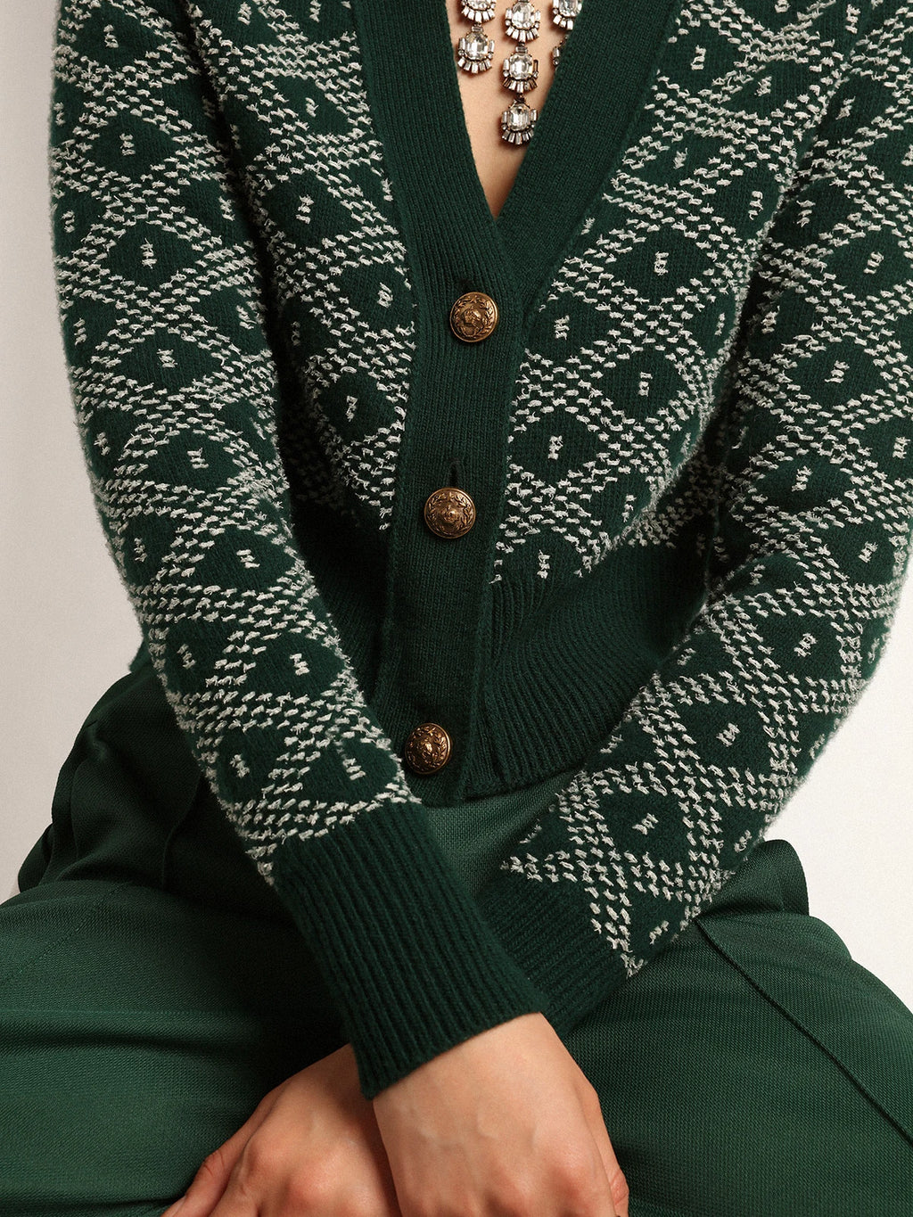 Cropped Cardigan Collezione Journey con jacquard a rombi nei toni del verde e del bianco