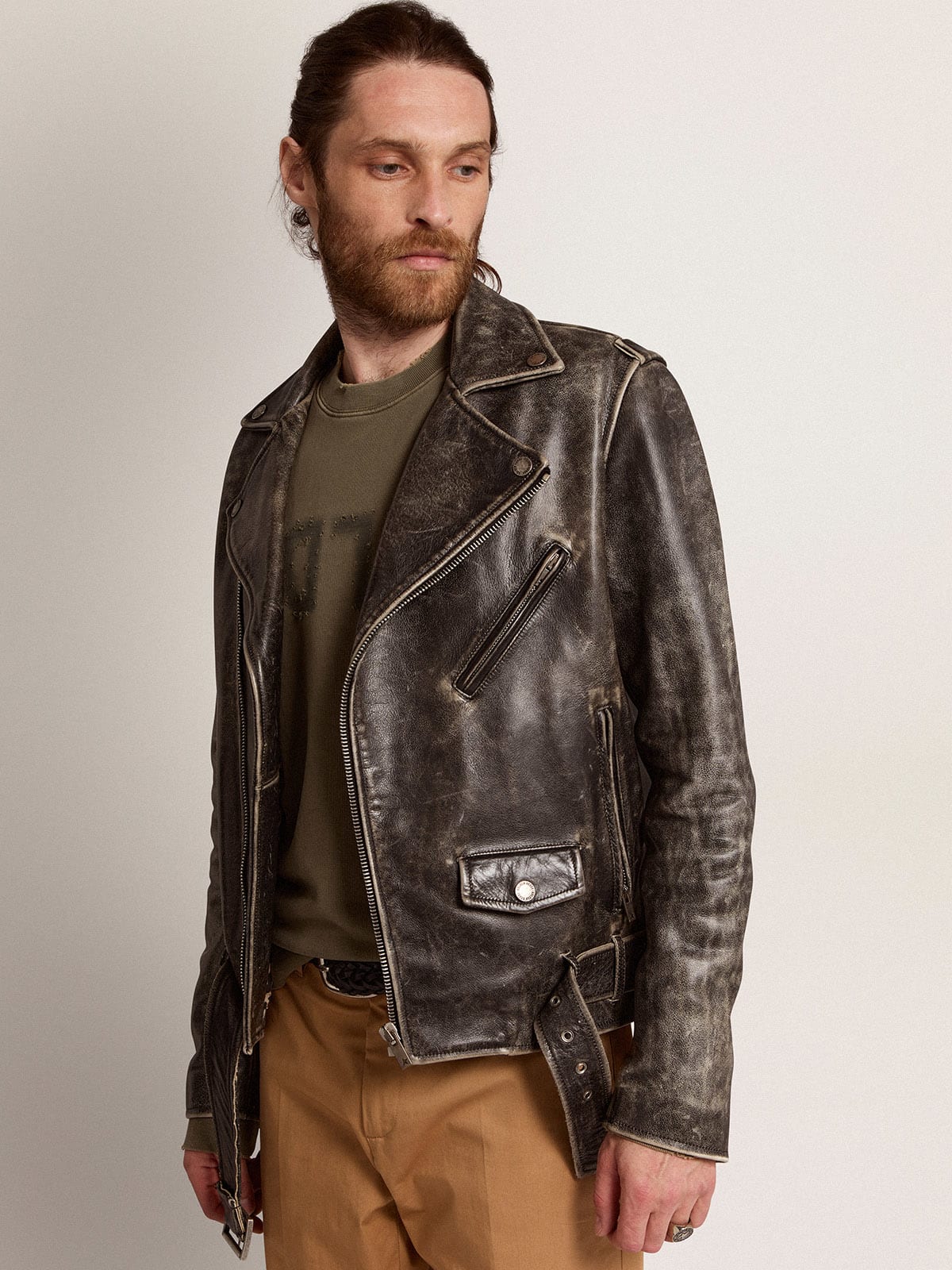 Chiodo da uomo in pelle dal trattamento distressed