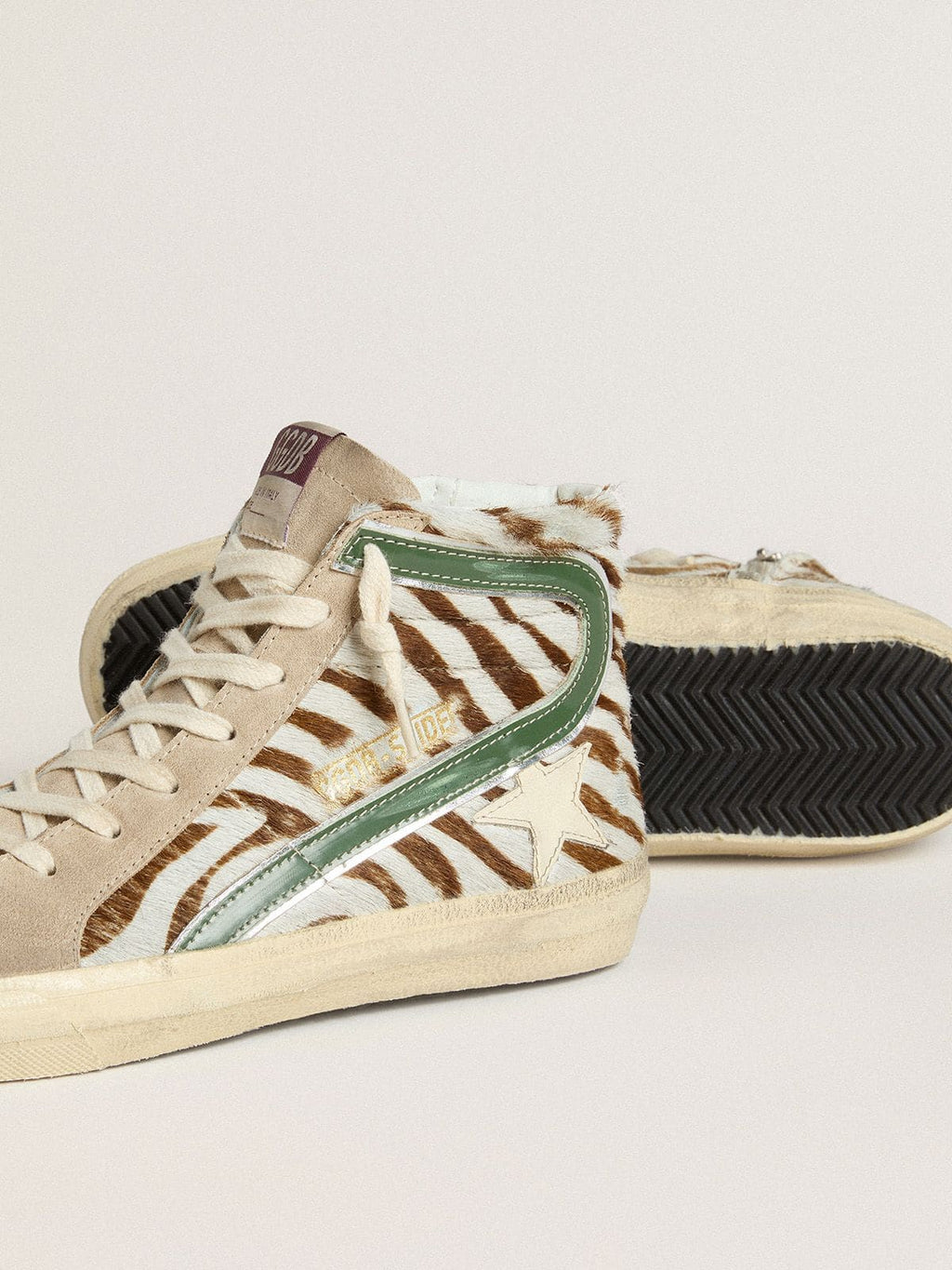 Women's Slide in zebra-print pony skin with green laminated leather flash