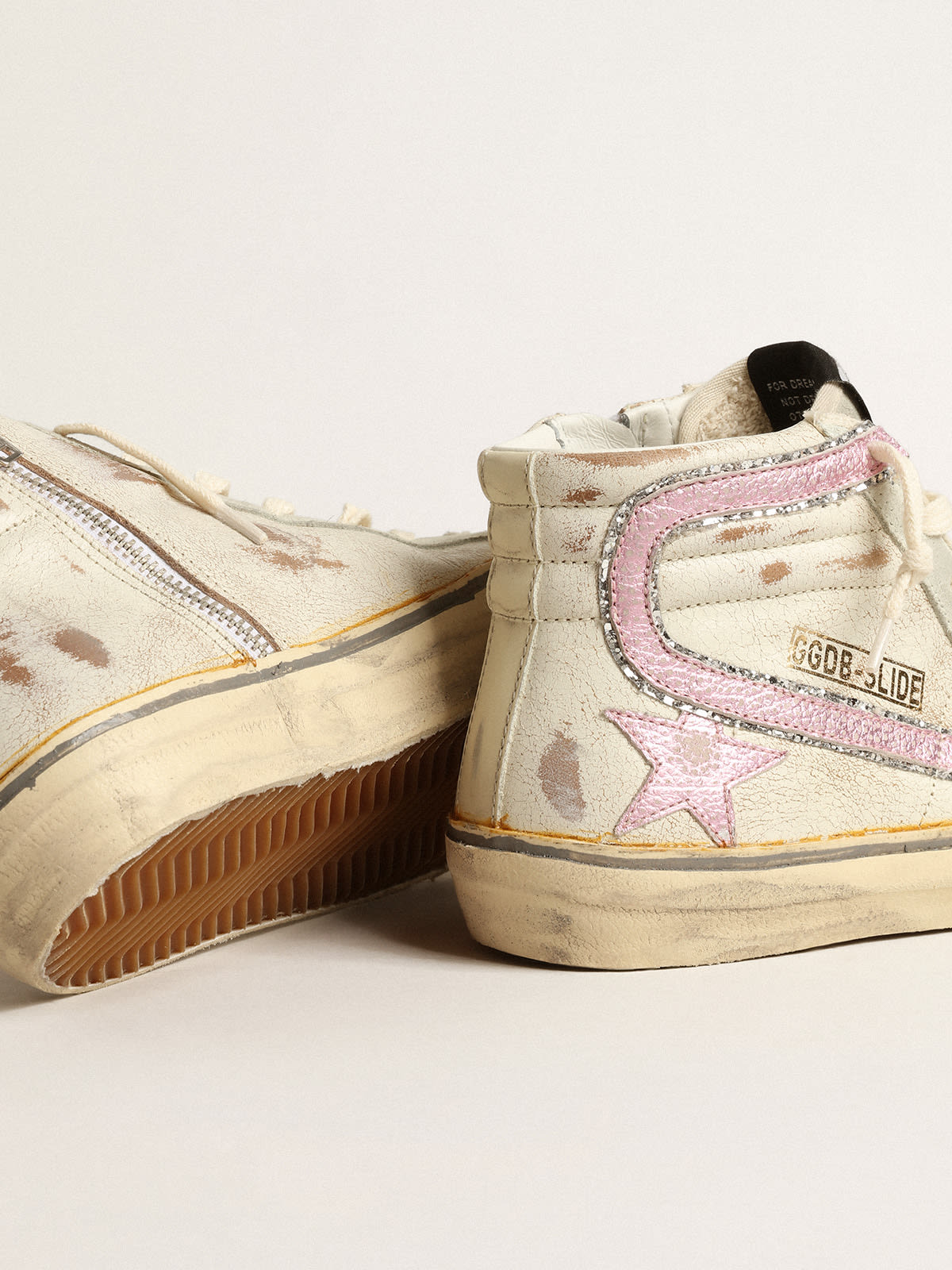 Slide LTD beige con stella e virgola in pelle laminata rosa