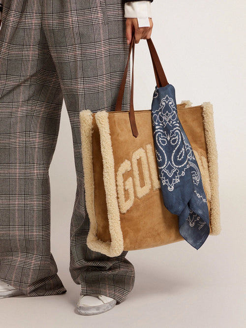 Borsa California Bag North-South in pelle scamosciata con shearling