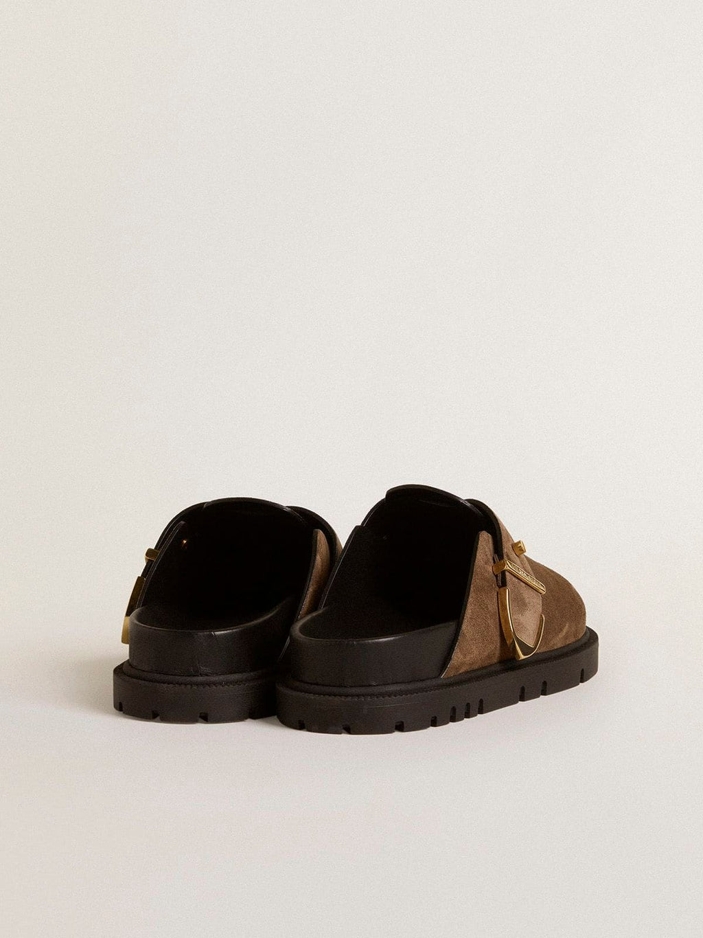 Women's Lucy Sabot in dove-gray suede with gold metal buckle