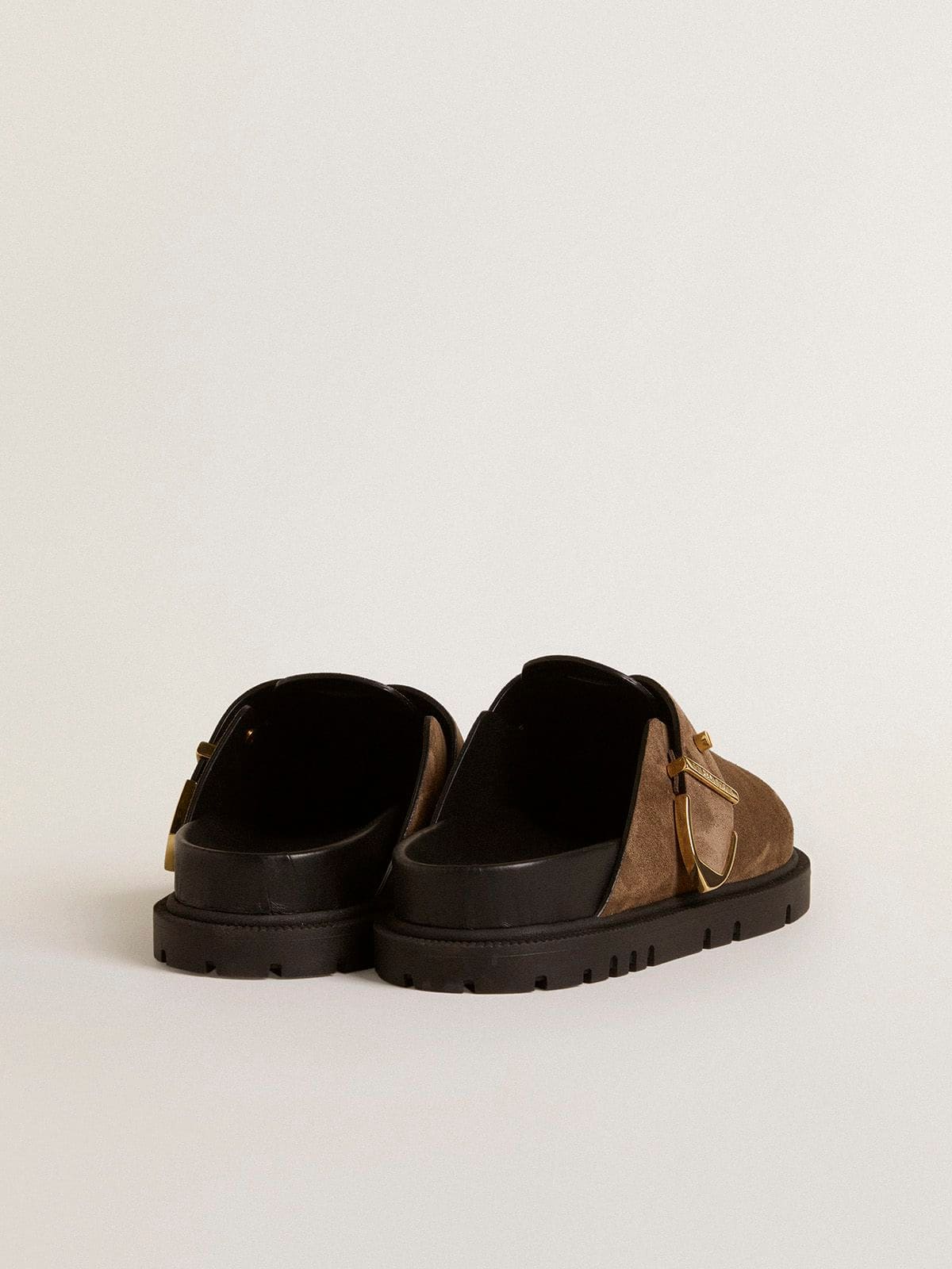 Women's Lucy Sabot in dove-gray suede with gold metal buckle