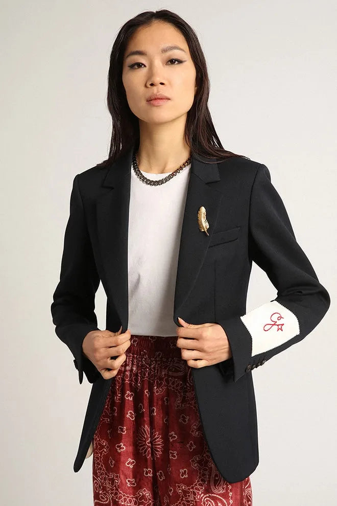 Blazer monopetto da donna in gabardine di lana blu scuro