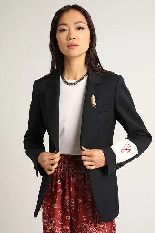 Blazer monopetto da donna in gabardine di lana blu scuro
