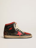 Sneaker Sky-Star Uomo in pelle lucida nera con stella in pelle laminata rossa