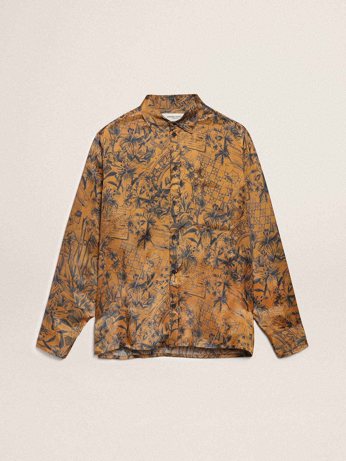 Camicia Collezione Journey di colore marrone dorato con stampa notebook