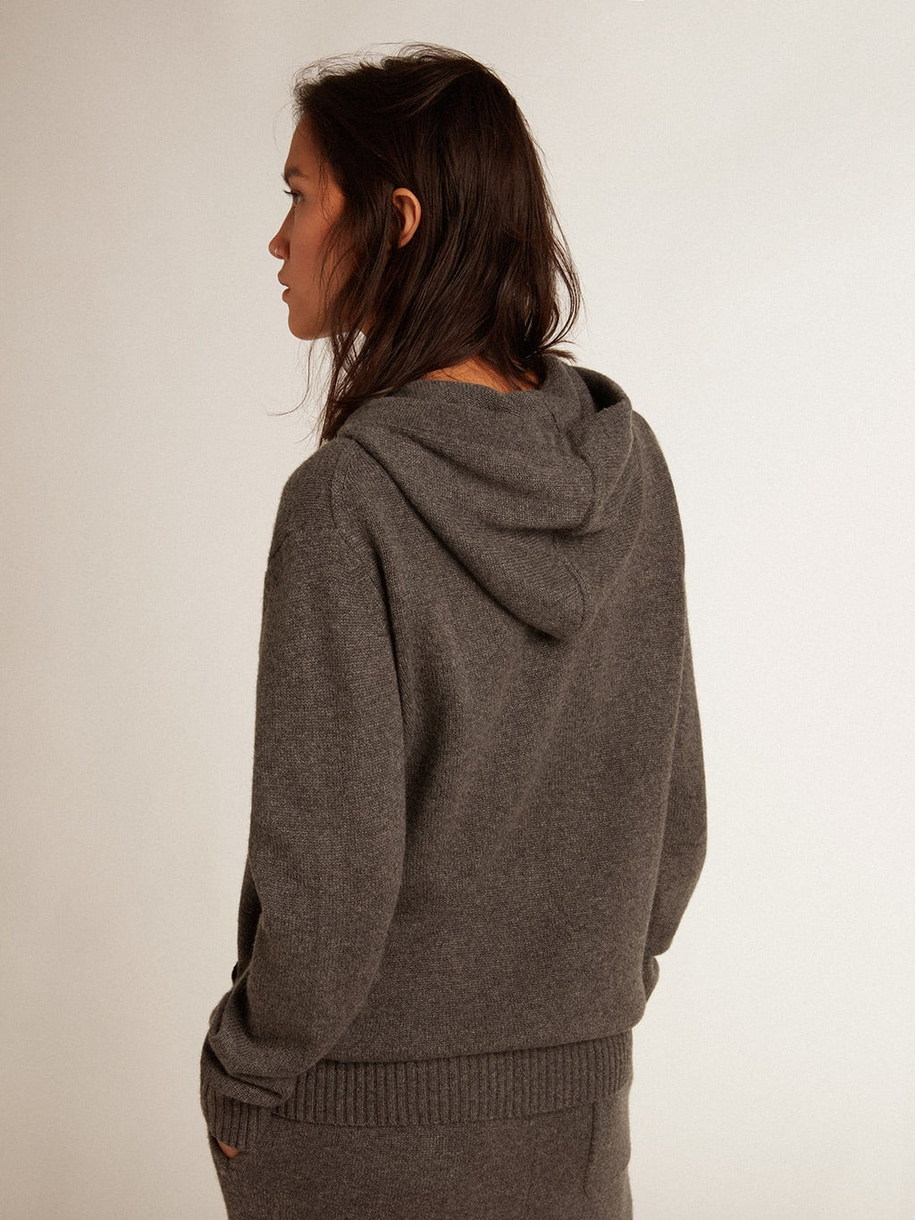 Felpa donna misto cashmere color grigio con cappuccio