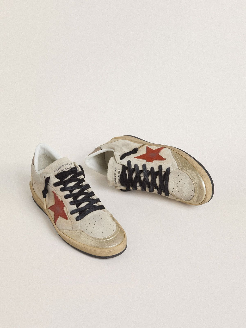 Ball Star in beige suede with red leather star and metallic bronze foiled leather heel tab