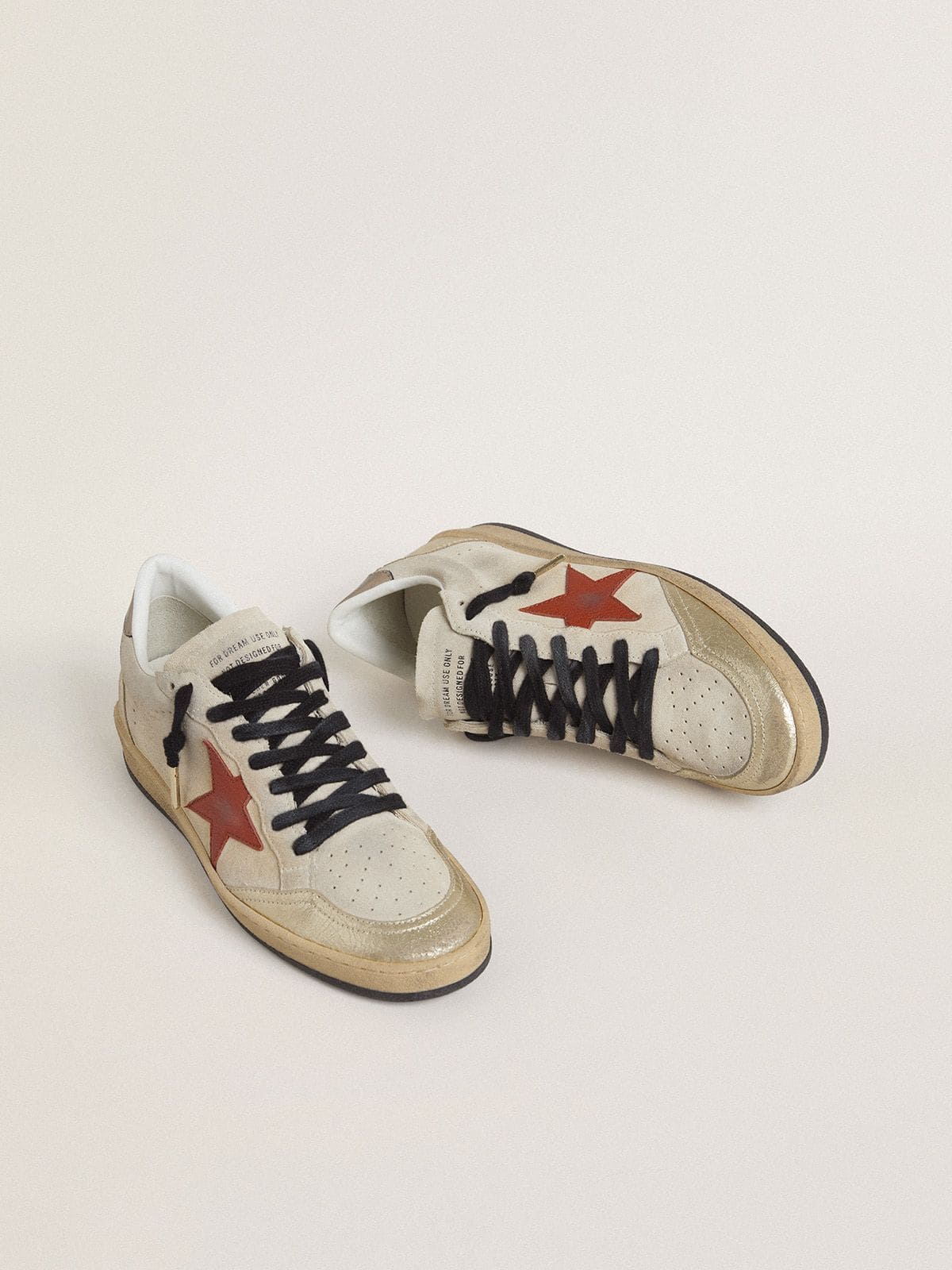 Ball Star in beige suede with red leather star and metallic bronze foiled leather heel tab