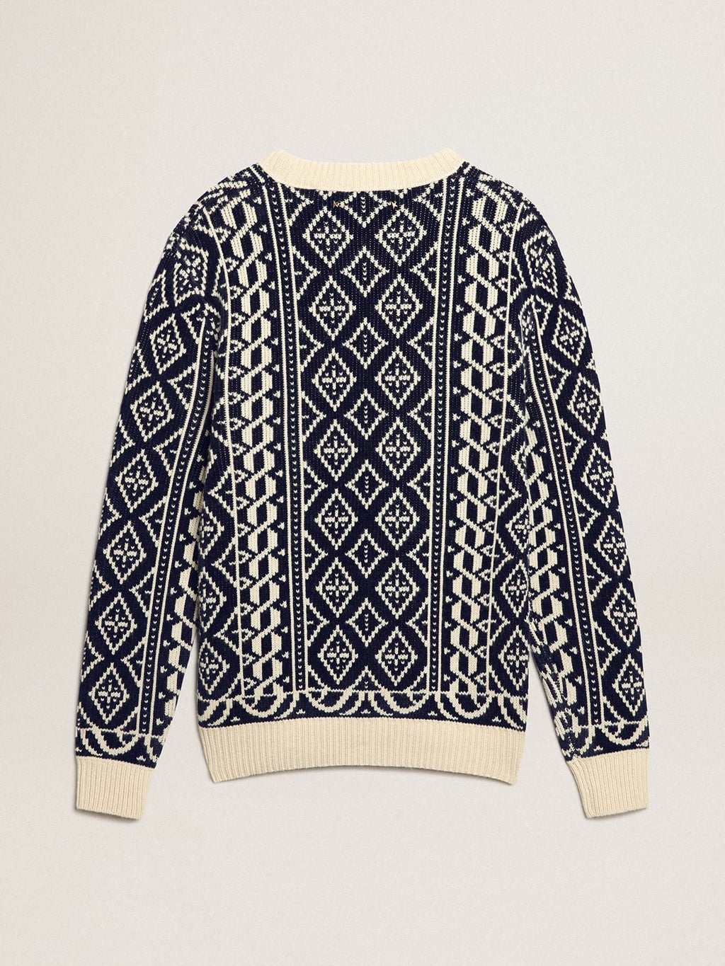 Maglione girocollo a motivi geometrici color pergamena e blu