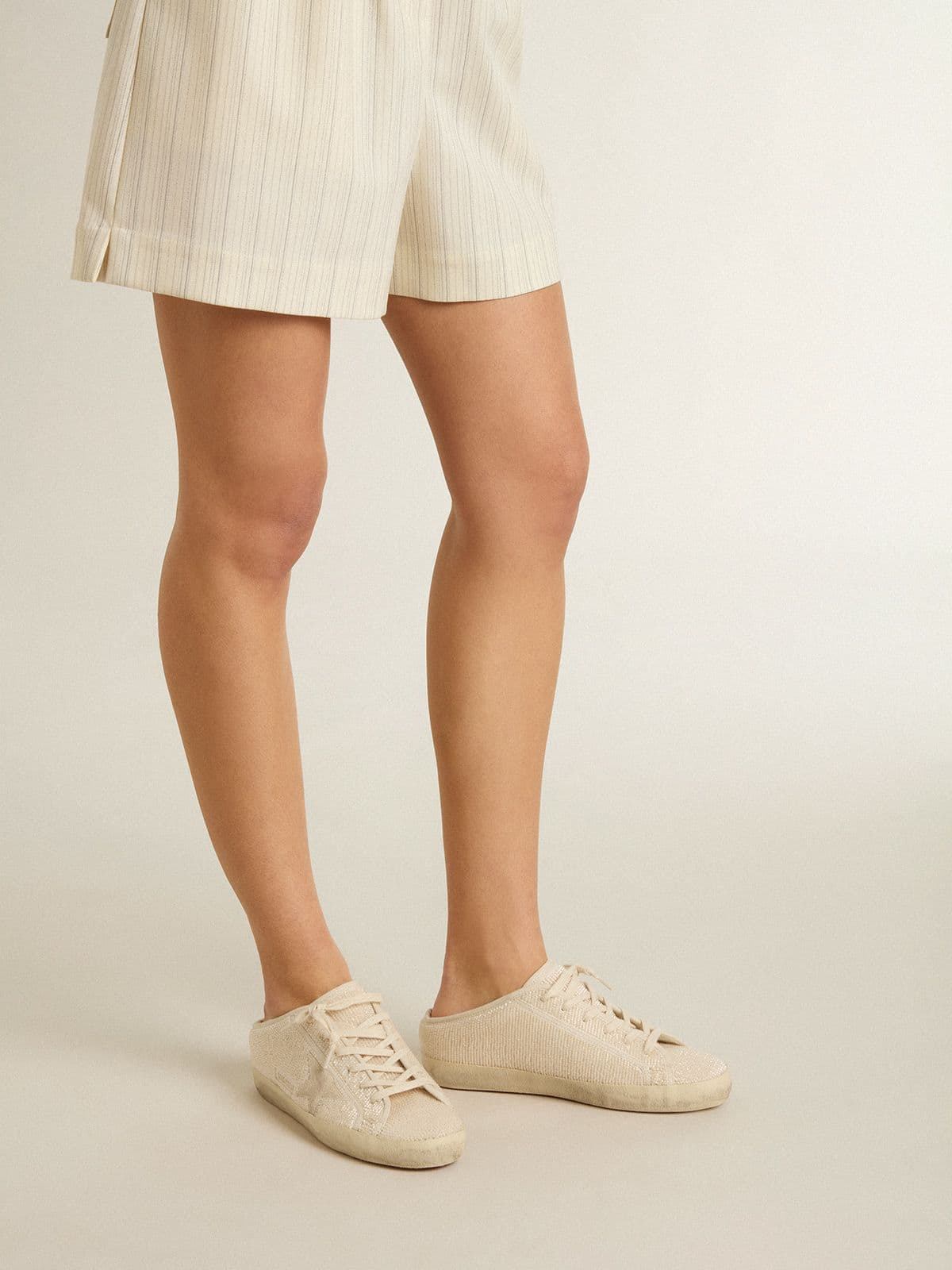 Women's Super-Star Sabot in beige canvas with embroidered beads and beige suede star