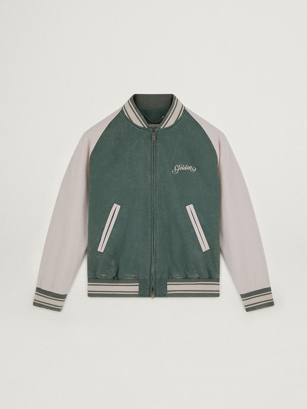 Bomber Eric verde militare e bianco Collezione Journey dall'effetto lived-in con ricamo a contrasto sul retro