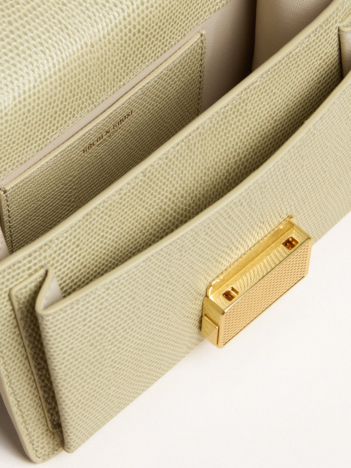 Small Venezia Bag in light green python-print leather with gold details