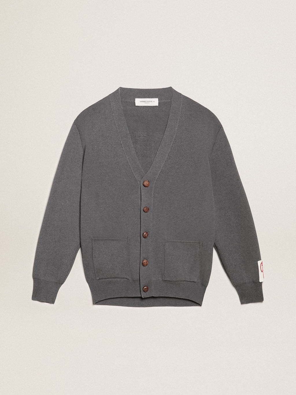 Cardigan da donna in cotone grigio mélange con logo sul retro