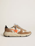 Sneaker Running Sole LTD in pelle lucida bianca e suede tabacco con stella in pelle arancione fluo