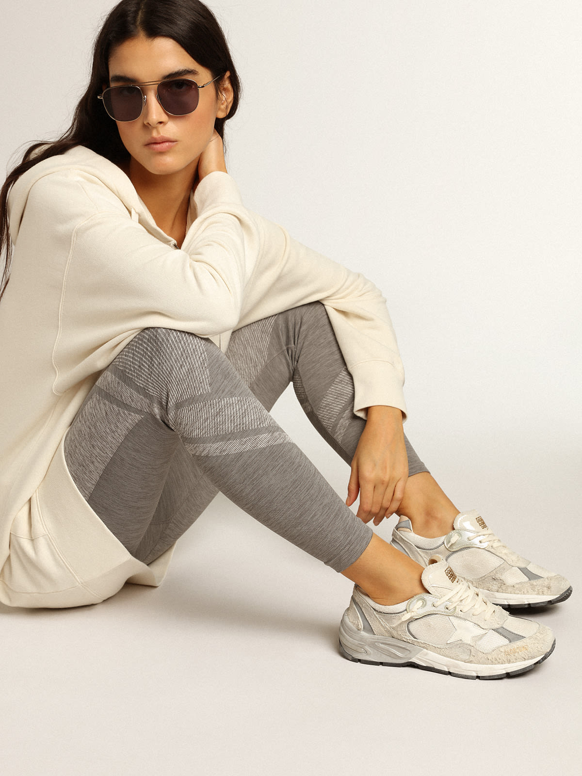 Sneaker Dad-Star in rete e suede bianchi con stella in pelle bianca e talloncino in pelle beige