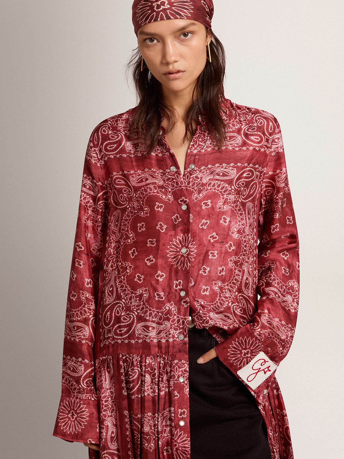 Vestito chemisier Collezione Golden di colore bourdeaux con stampa paisley