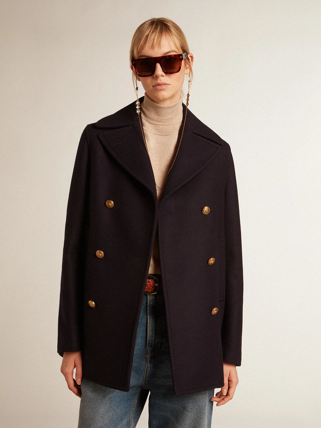 Peacoat da donna blu scuro con bottoni araldici dorati