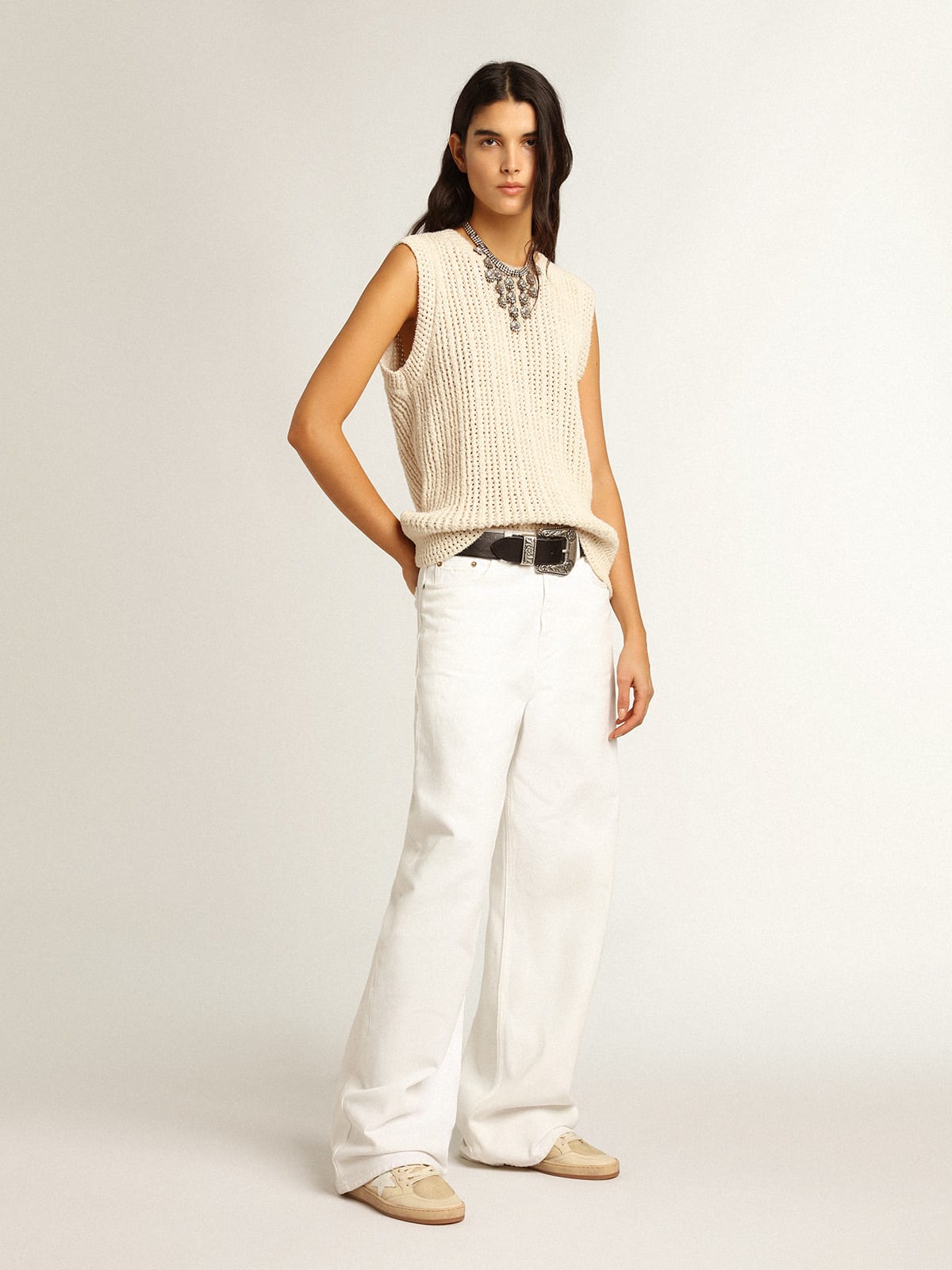 Sneaker Ball Star Donna in nylon bianco latte con stella in pelle bianca e talloncino in pelle bianco latte