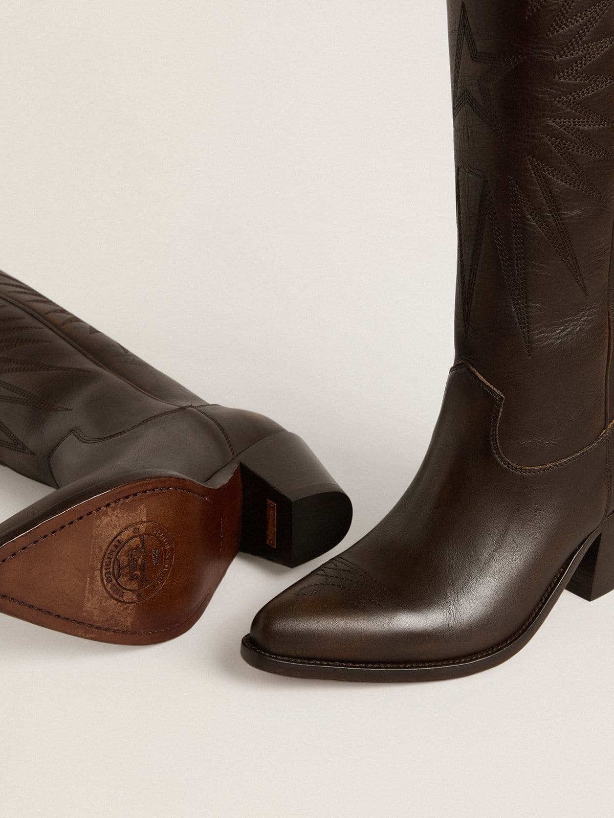 Wish Star boots in dark brown leather with tone-on-tone embroidered star
