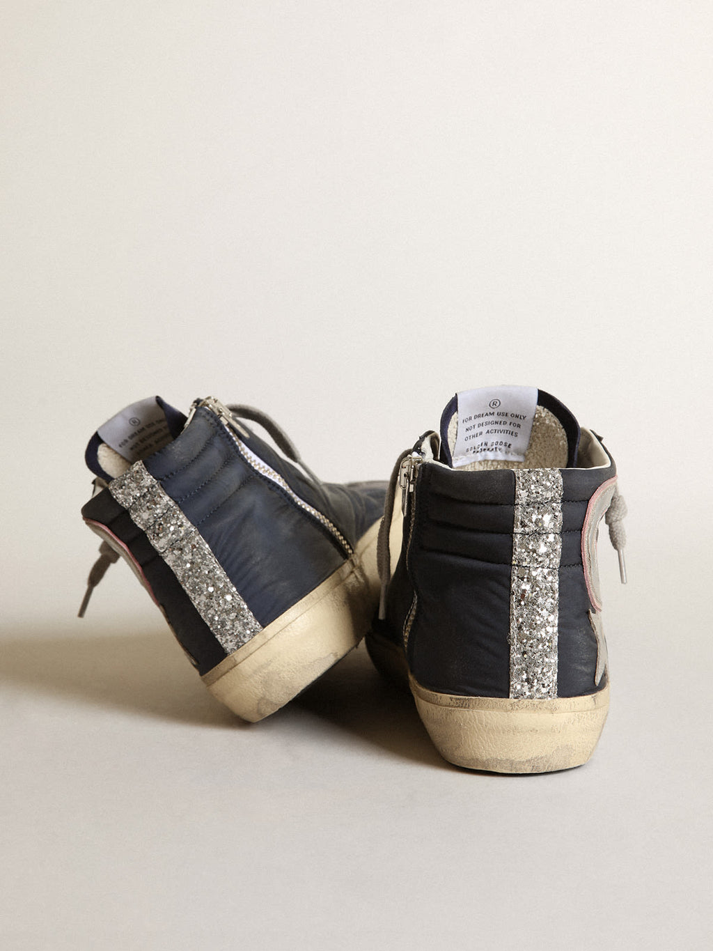 Sneaker Slide LTD in nylon blu con stella e virgola in pelle laminata argento