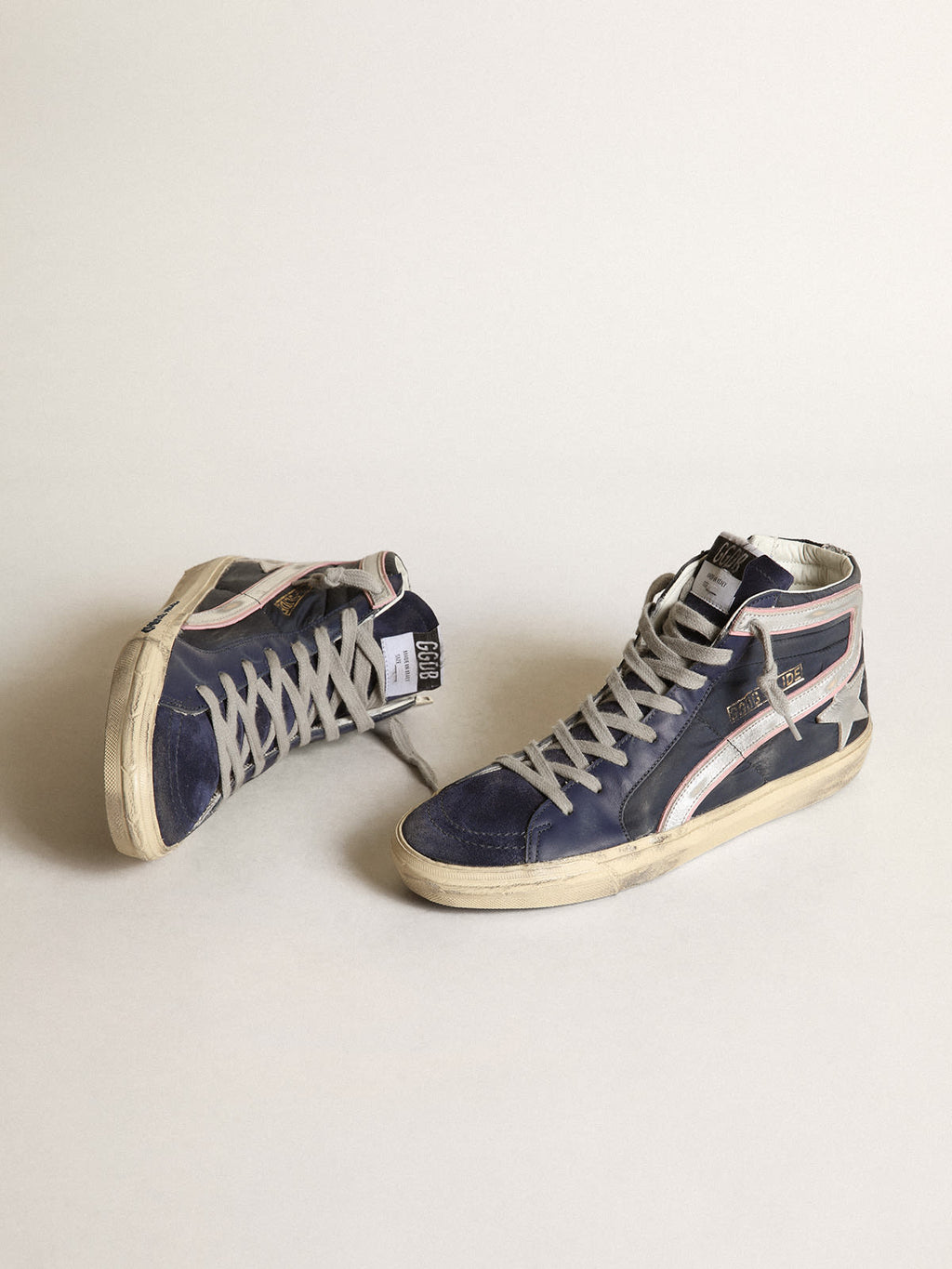 Sneaker Slide LTD in nylon blu con stella e virgola in pelle laminata argento