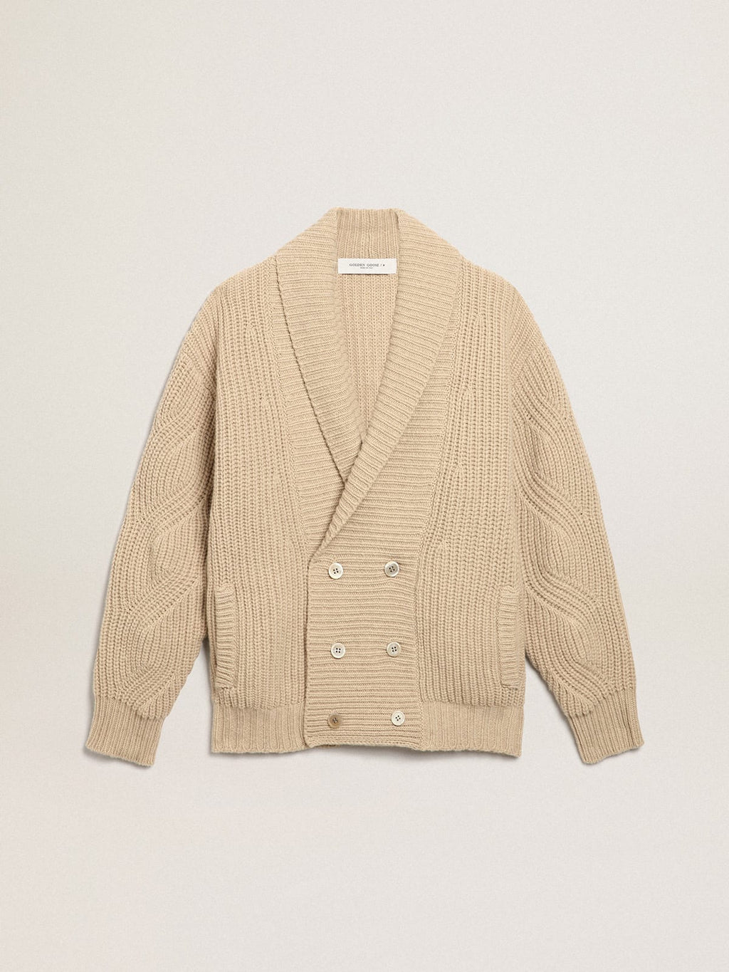 Cardigan doppiopetto Collezione Journey in lana a coste beige con toppe in pelle ton sur ton