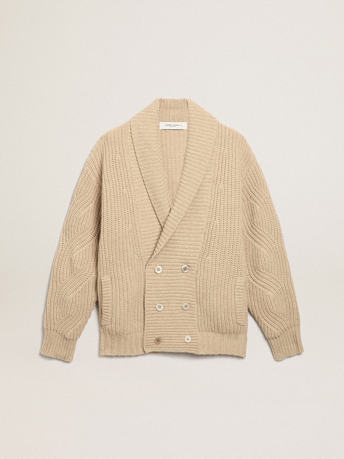 Cardigan doppiopetto Collezione Journey in lana a coste beige con toppe in pelle ton sur ton