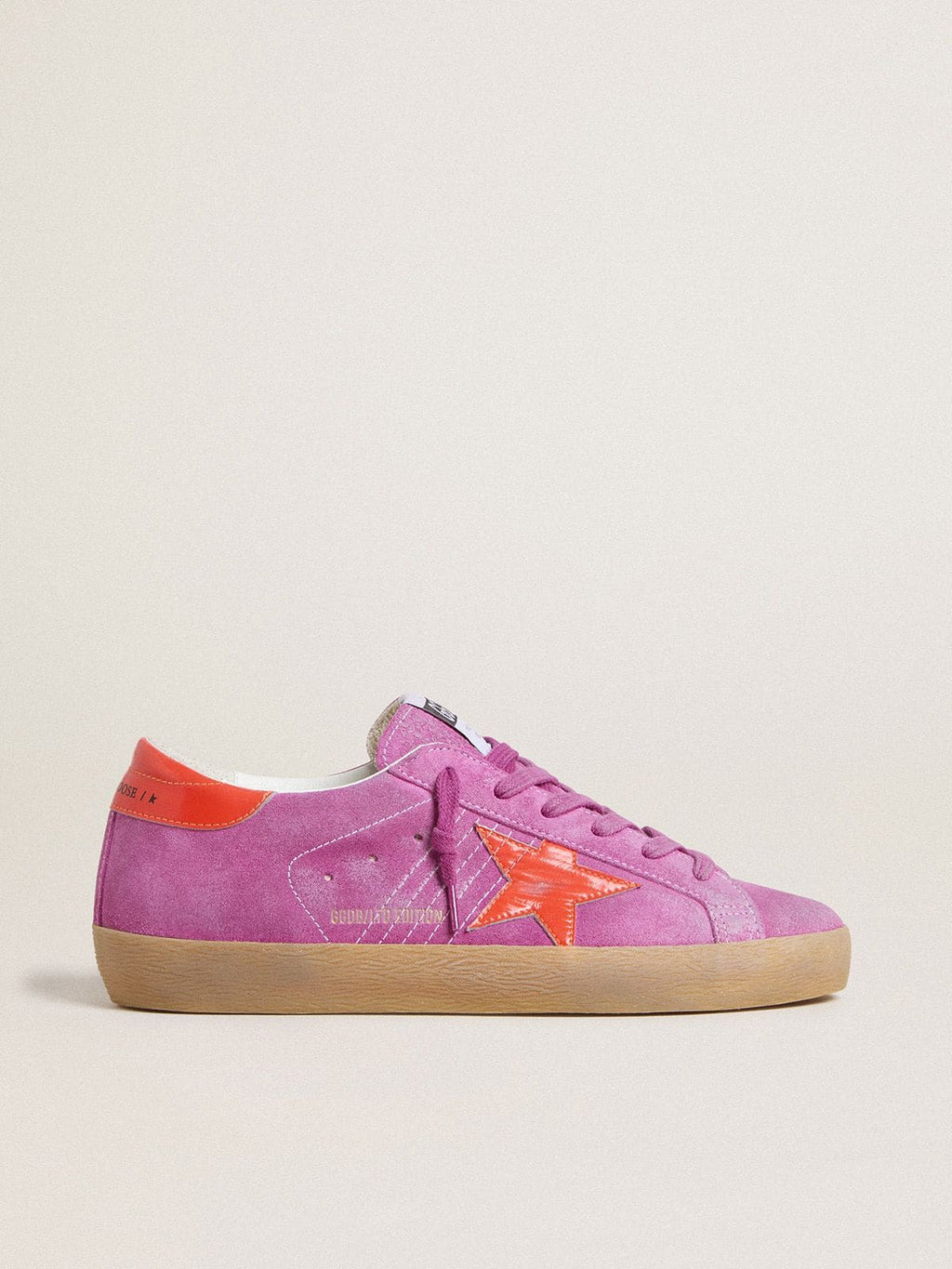 Women's Super-Star in fuchsia suede with fluorescent orange laminated leather star and heel tab