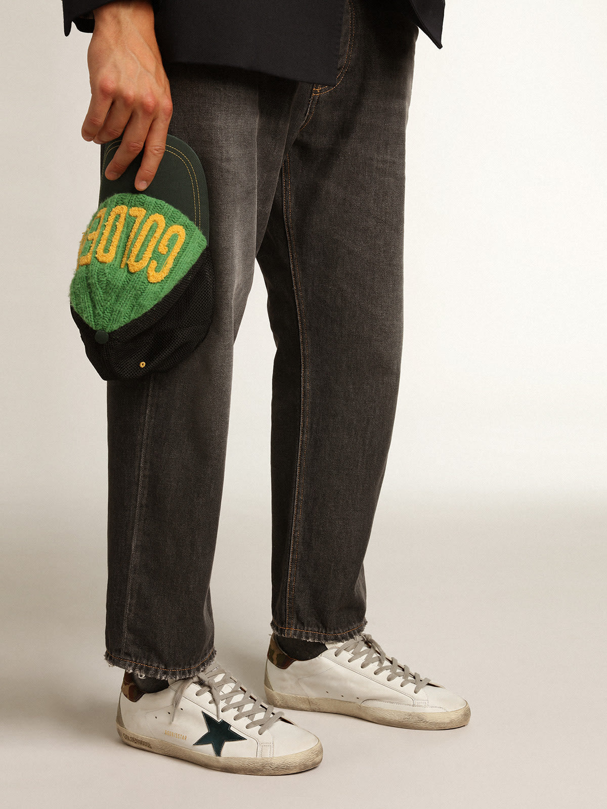 Sneaker Super-Star con stella in pelle laminata blu petrolio e talloncino in tessuto ripstop camou