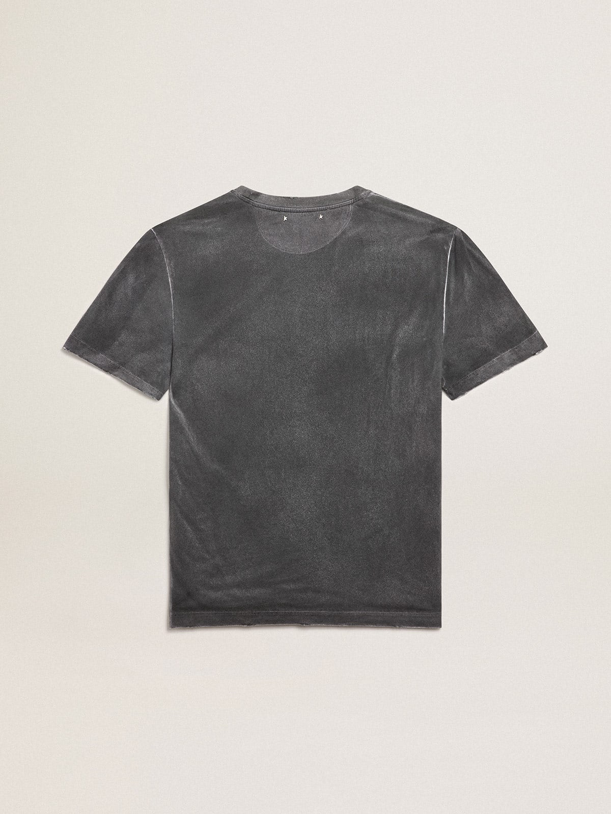 T-shirt grigia Collezione Journey dall'effetto invecchiato con stampa color seagrass a contrasto sul davanti e rotture manuali sui profili