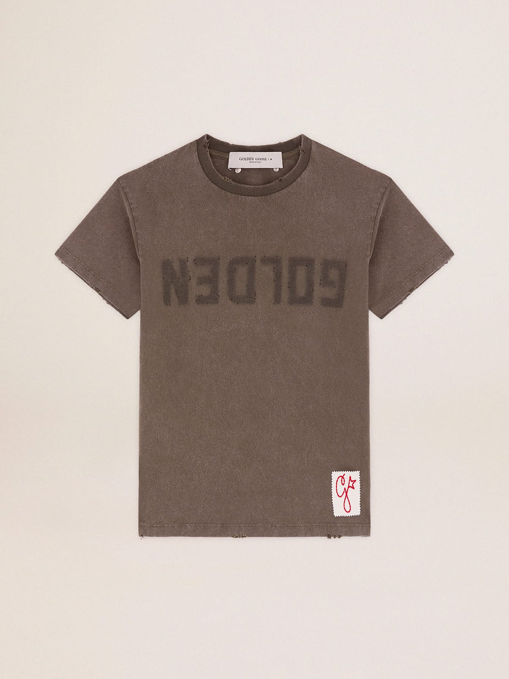 T-shirt color verde oliva dal fit slim con scritta Golden sul davanti