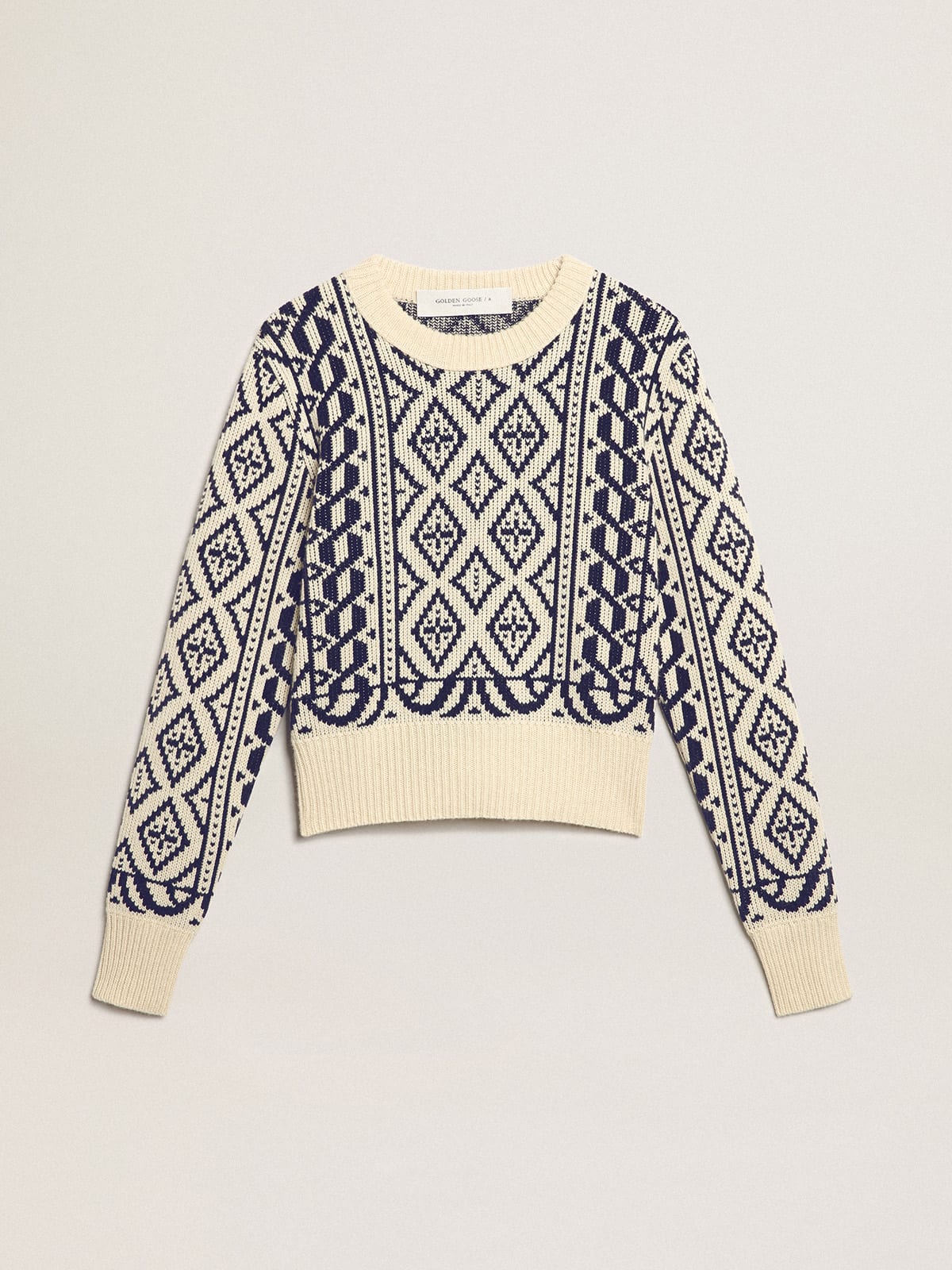 Maglione cropped girocollo a motivi geometrici color pergamena e blu