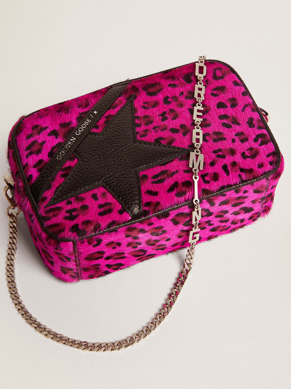 Borsa Mini Star Bag in cavallino leopardato fucsia e stella in pelle nera
