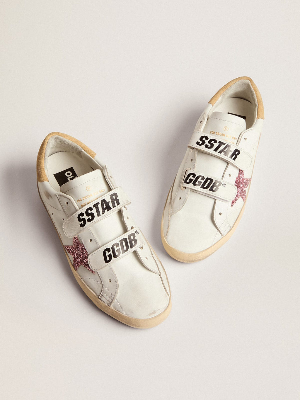 Sneaker Old School con stella in glitter rosa e talloncino in suede color sabbia