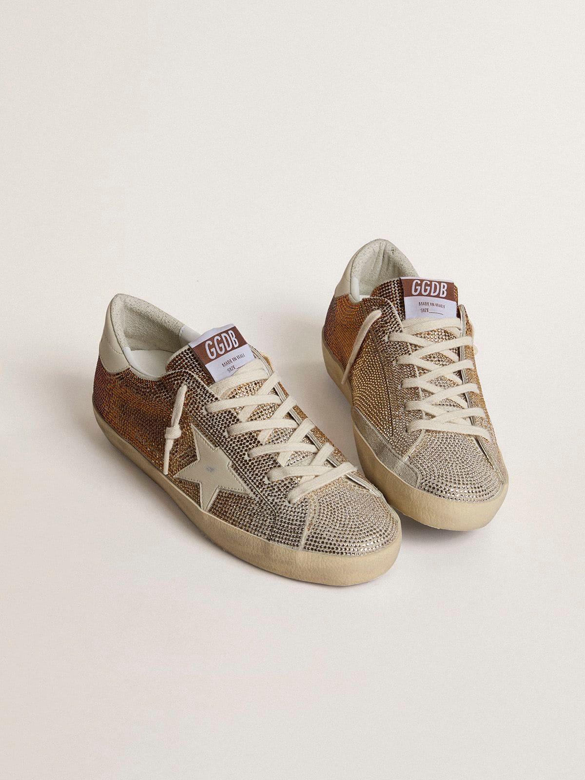 Super-Star in beige suede and multicolored crystals with cream-colored leather star and heel tab