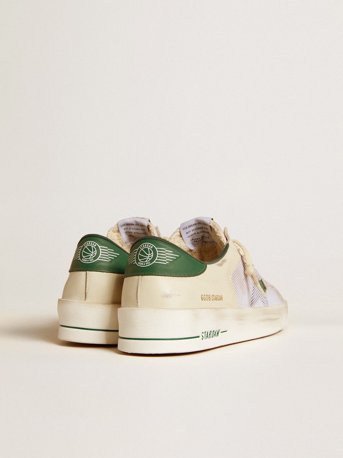 Stardan in white suede and mesh with green leather star and heel tab