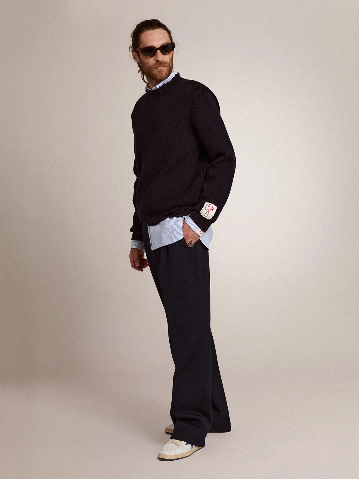 Pantalone dalla gamba ampia Collezione Golden in lana blu scuro