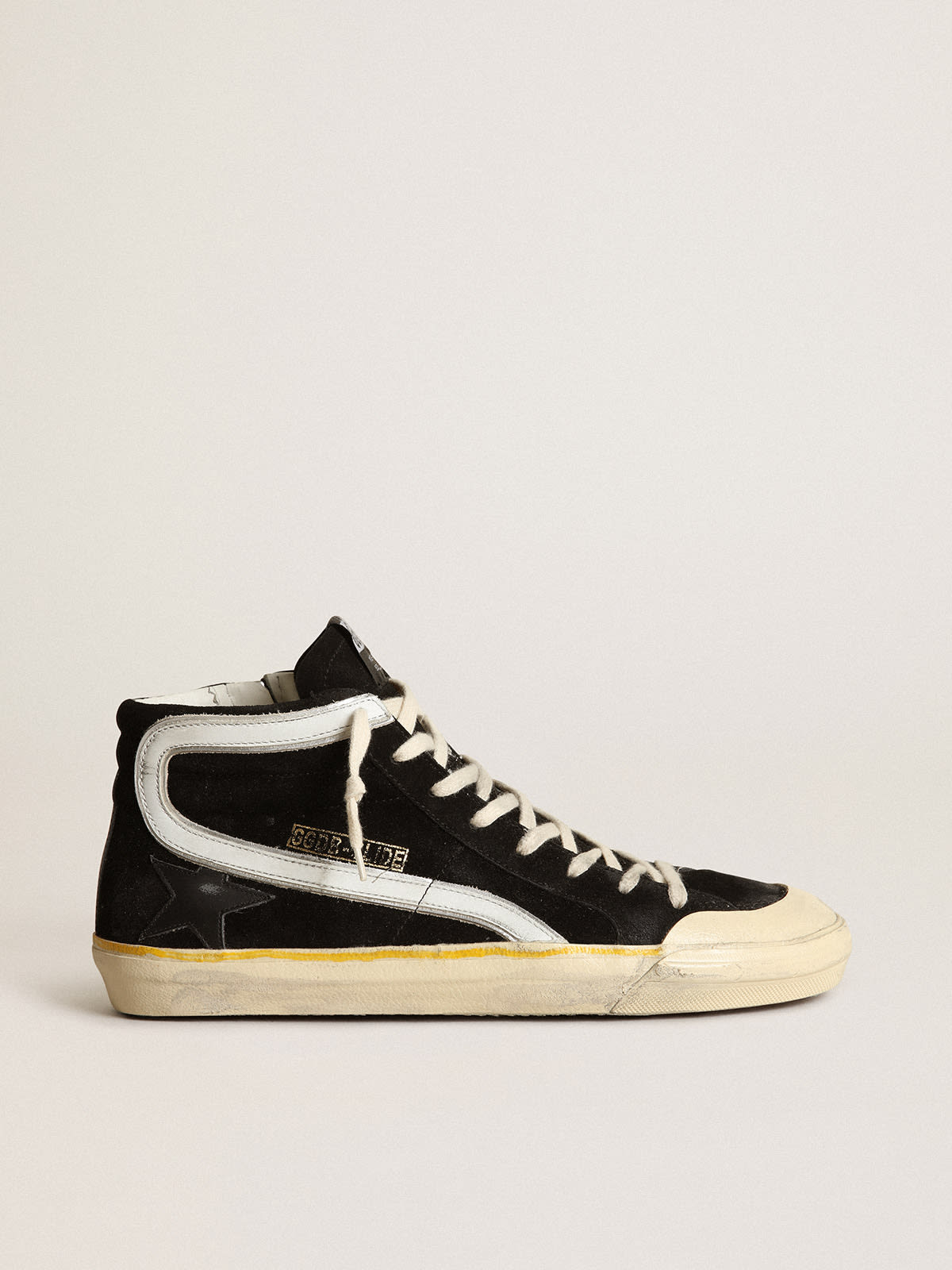 Sneaker Slide Penstar in suede nero con stella in pelle nera e virgola in pelle bianca