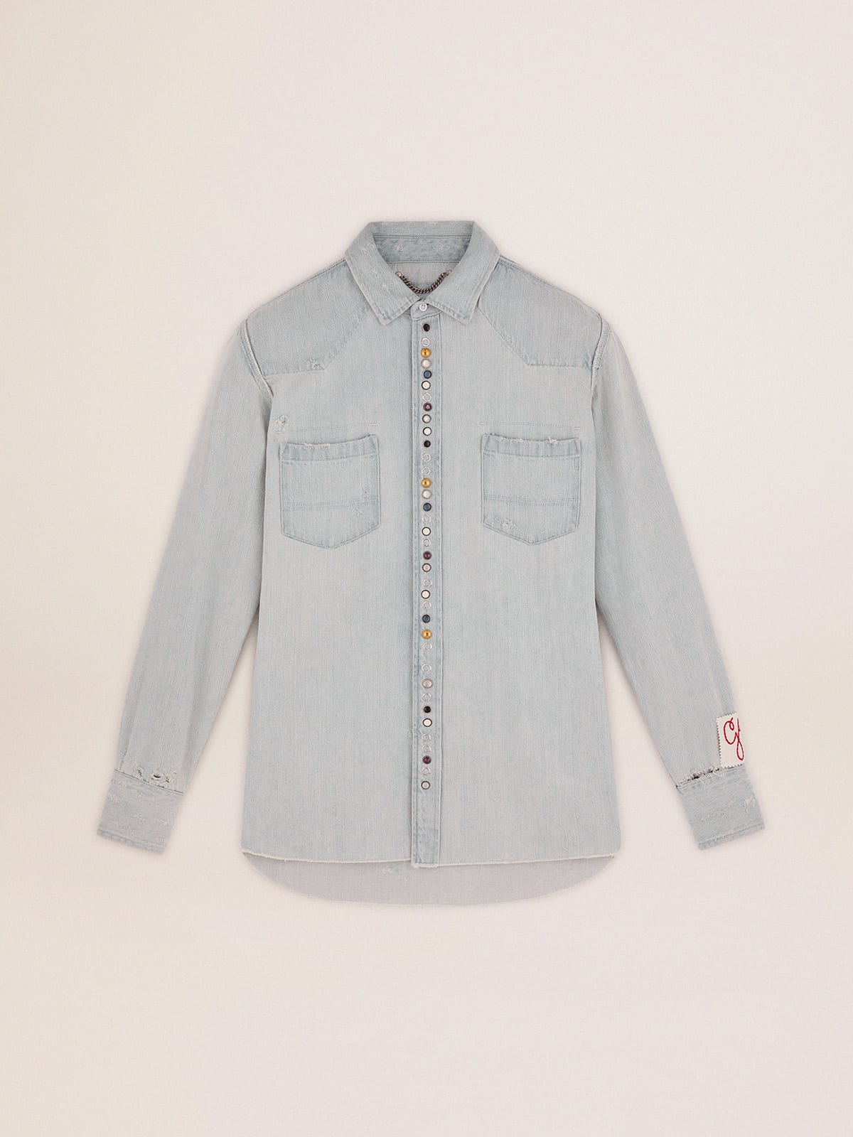 Camicia in jeans bleached Collezione Golden con borchie martellate