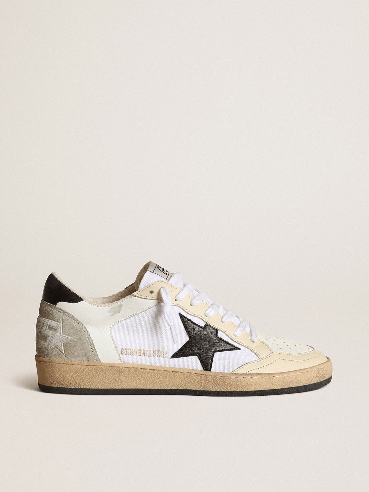 Sneaker Ball Star donna in canvas e pelle bianchi con inserti in pelle avorio e stella in nappa nera
