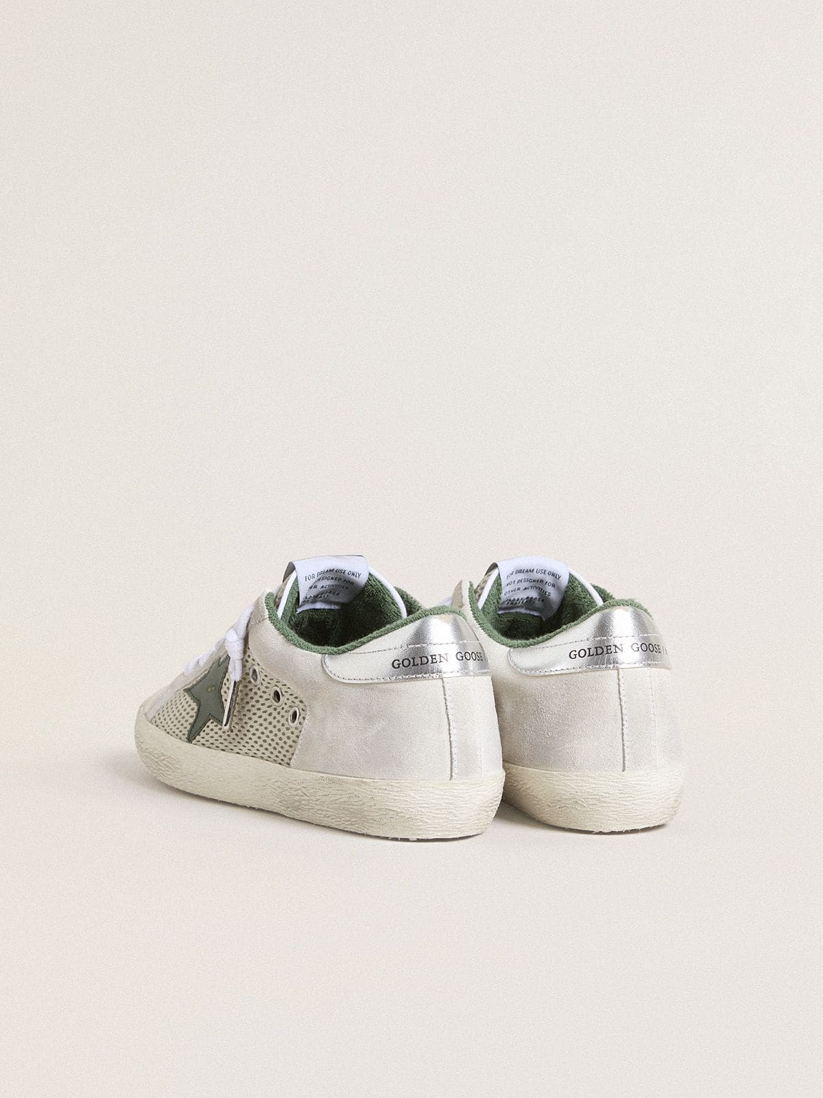 Women’s Super-Star LTD in white suede and mesh with green leather star and silver foiled leather heel tab